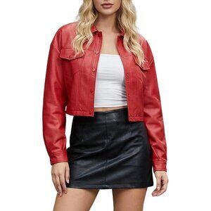 Women Faux Leather Cropped Jacket Trendy Moto Biker Short Jacket PU Jacket Red